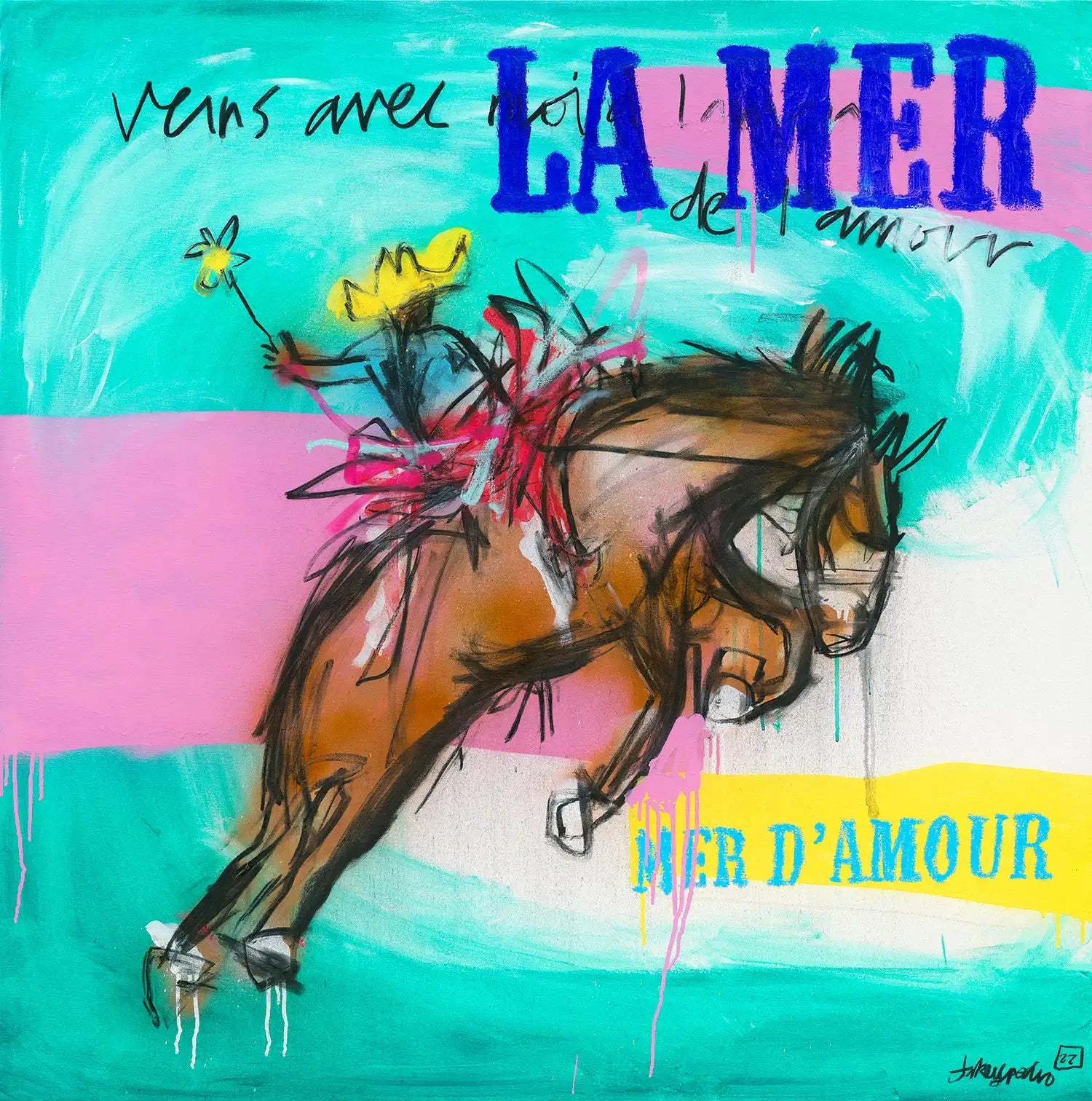 Colorful abstract artwork with horses and text on a blue and pink background
