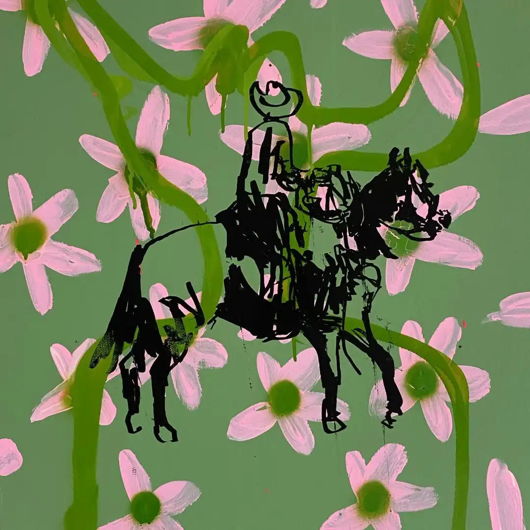 Black abstract figures on a green background with pink flowers