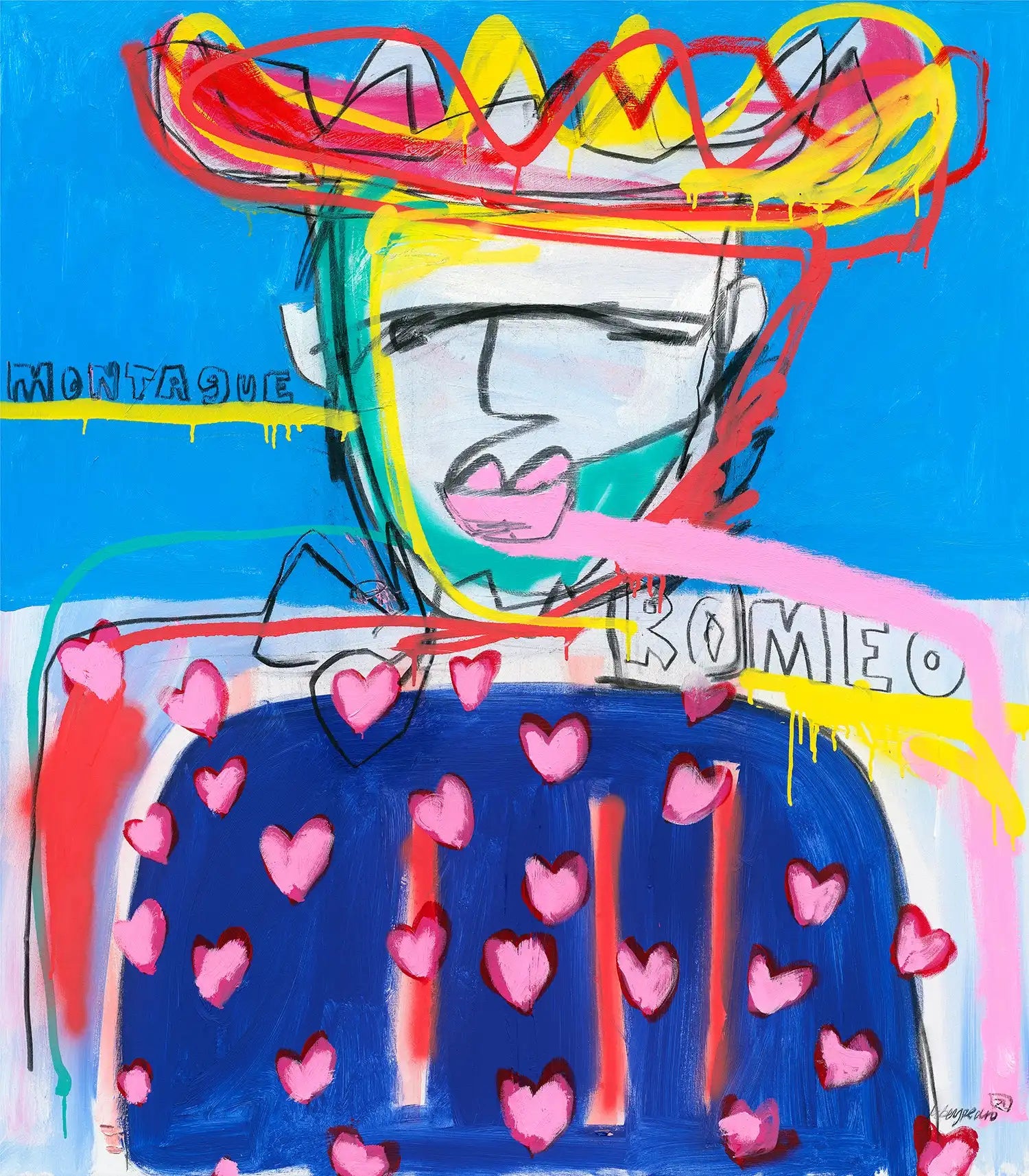 Colorful abstract artwork with a blue base and pink hearts, featuring the name 'Bombo'.