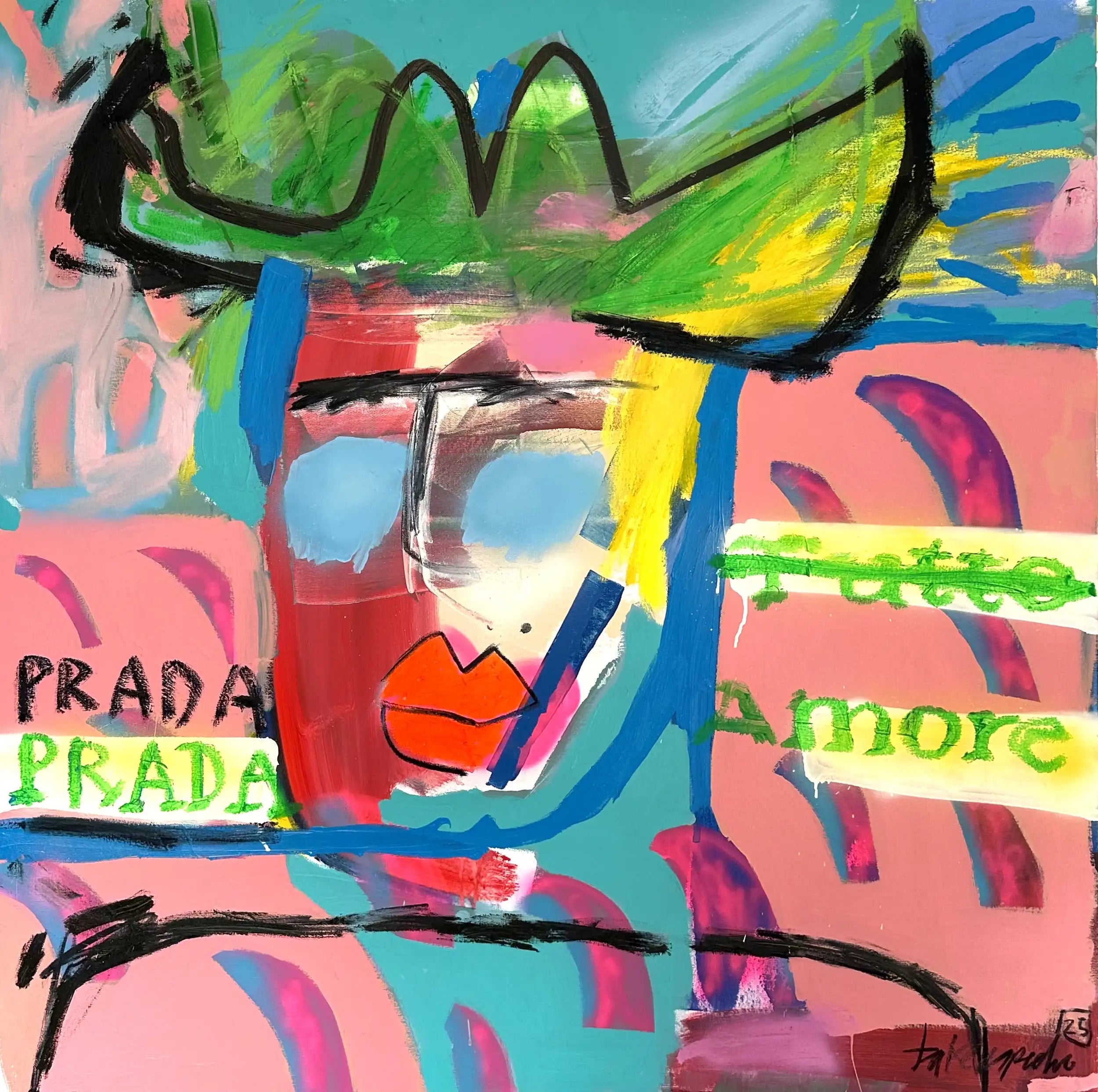 Colorful abstract art with 'Prada' and 'Tutti Amore' text